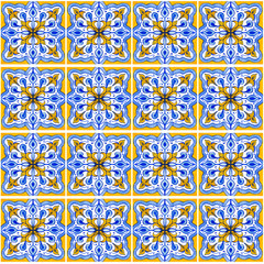 Seamless pattern with with Portuguese tiles. Watercolor illustration of Azulejo on white background. Blue and yellow colors.