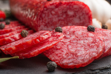 Sausage with salami with rosemary. Macro