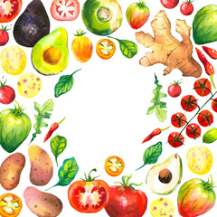 Watercolor illustration with round composition of farm vegetables. Set of different vegetables: tomato, potato, avocado, ginger, pepper, turnips, arugula, spinach. Fresh organic food.