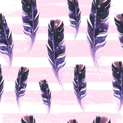 Seamless wild pattern. Background with feathers on a striped background. Natural watercolor pattern. Boho style.