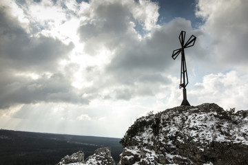 A hill called Maly Giewont with a characteristic cross in Olsztyn near Czestochowad
