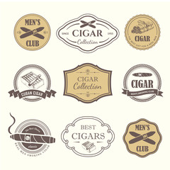 Fototapeta premium Vector Illustration with logo and labels. Simple symbols tobacco, cigar. Traditions of smoke. Decorative illustrations, icon for your design. Gentleman style.