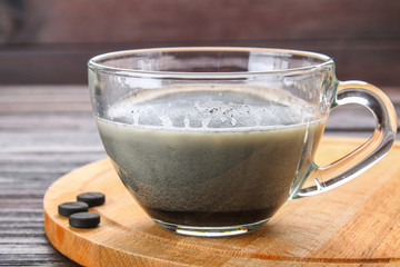 Coal latte. Black cappuccino. Black coffee with activated carbon.