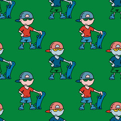 Boy with skateboard seamless pattern. Original design for print or digital media.