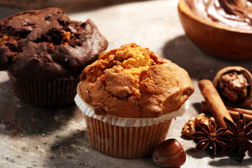 Chocolate muffin and nut muffin, homemade bakery on grey background