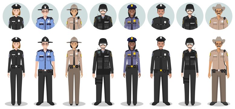 Derrotado cruzar Envío Police people concept. Set of different detailed illustration and avatars  icons of SWAT officer, policeman, policewoman and sheriff in flat style on  white background. Vector illustration. vector de Stock | Adobe Stock