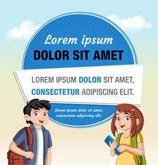 Text box frame background with cartoon young people. Teenagers.

