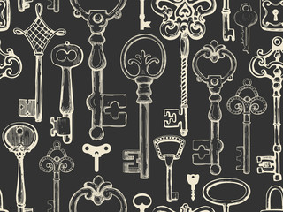 Seamless pattern. Vector set of hand-drawn antique keys. Illustration in sketch style on black background. Old design.