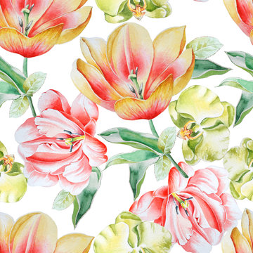 Bright seamless pattern with flowers. Tulip. Orchid. Watercolor illustration. Hand drawn.