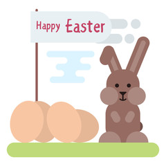 Flat illustration of easter bunny with eggs and with flag.