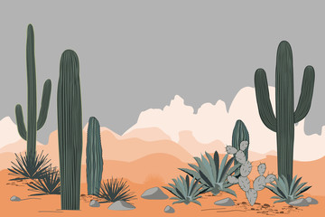 Mexico pattern with opuntia, agave, and saguaro cacti. Mountains background.