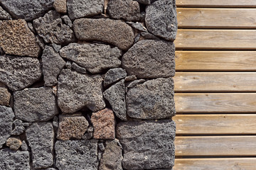 Stone wall background. stone and wood wall, wood texture as background. Wood background wall .