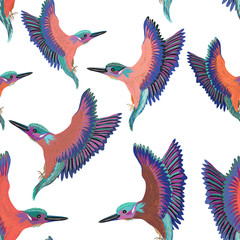 Colorful birds flying seamless pattern. Vector illustration on white background
