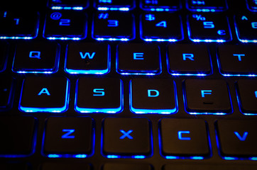Blue keyboard backlight of gaming computer