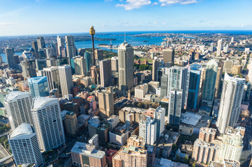 Aerial view of Sydney Central Business District with skyscrapers on sunny day
