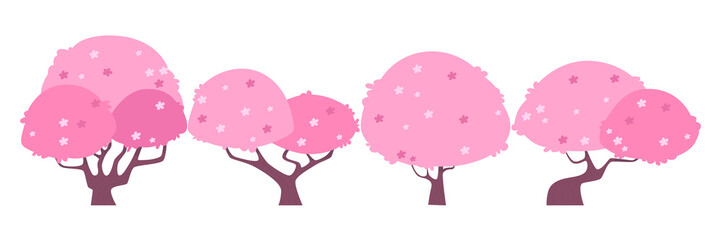Blossom sakura tree. Set of Pink Cherry. Flat design. Vector illustration
