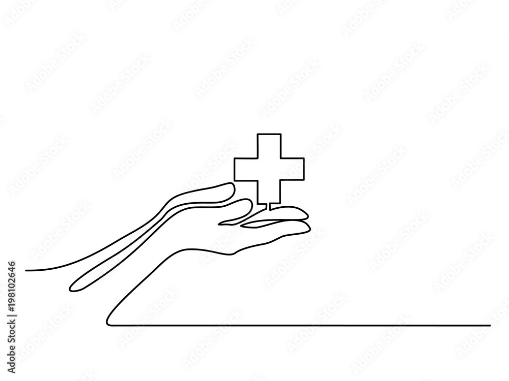 Wall mural continuous line drawing. hands palms together with medical cross. vector illustration - Wall murals