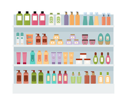 Shelves with lot of colorful cosmetic products. Large rack isolated on white background. Flat style vector illustration. 