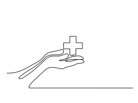 Continuous Line Drawing. Hands Palms Together With Medical Cross. Vector Illustration