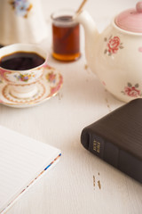 Morning Bible Study with a Hot Drink with a Pink Tea Set