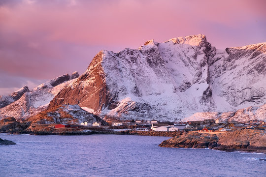 Mountains in the Lofoten islands bay. Natural landscape during sunrise