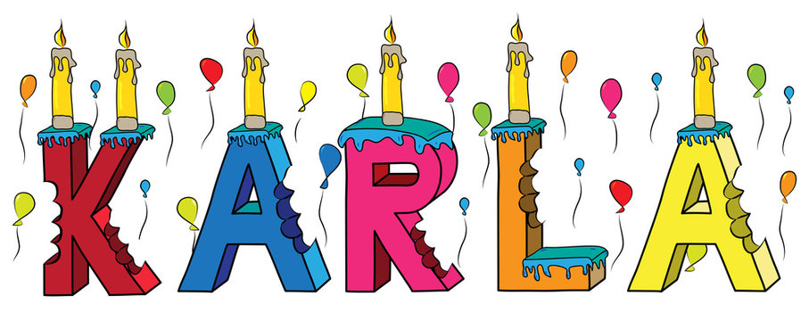 Karla female first name bitten colorful 3d lettering birthday cake with candles and balloons
