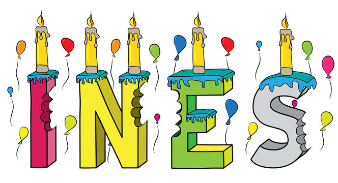Ines female first name bitten colorful 3d lettering birthday cake with candles and balloons