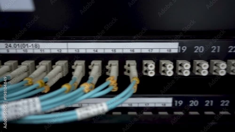 Poster working data servers with flashing led lights. lights and connections on network server. optical ser