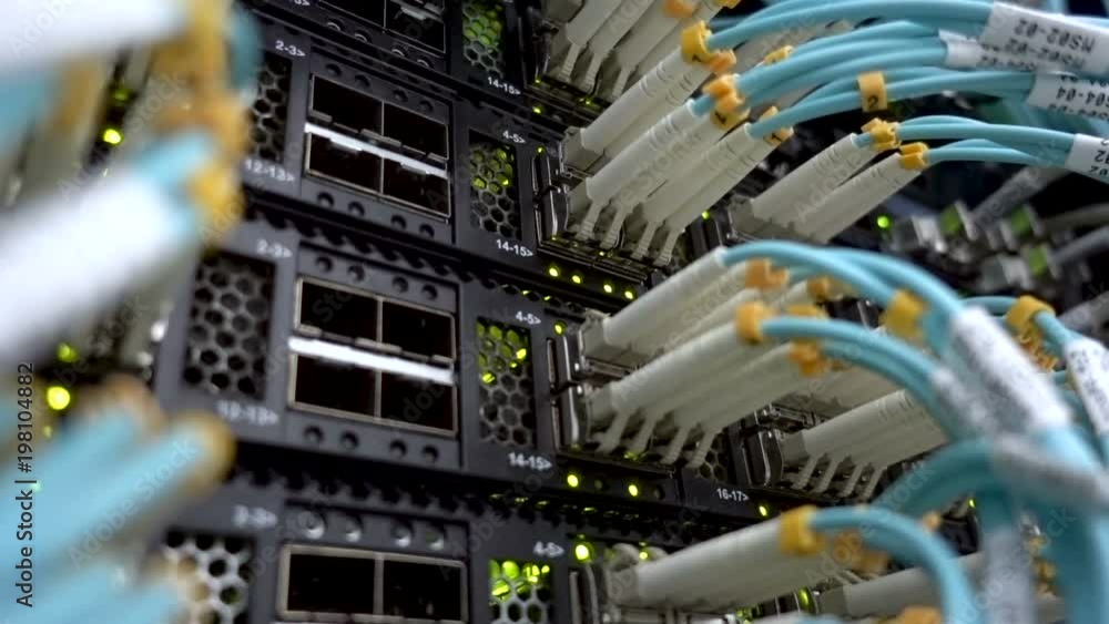 Poster working data servers with flashing led lights. lights and connections on network server. optical ser