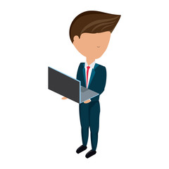avatar businessman standing and using a laptop computer over white background, colorful design. vector illustration