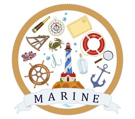 Poster on theme of Marine. Symbols of navigation. Vector illustration.