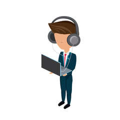 avatar businessman standing and using a laptop computer and headphones over white background, colorful design. vector illustration