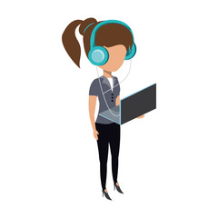 avatar woman standing and using a laptop computer and headphones over white background, colorful design. vector illustration