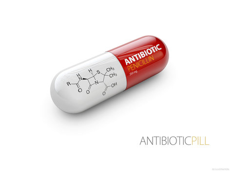 Red pills of Penicillin, isolated white 3d Illustration