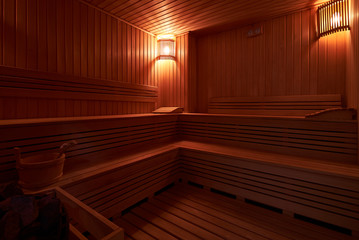 Interior of Finnish sauna, classic wooden sauna interior