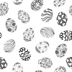 Seamless pattern with different Easter eggs. Vector illustration in sketch style. Hand drawn Easter pattern.