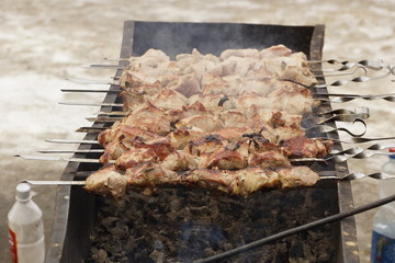 meat on skewers on the grill. Caucasian cuisine. shashlik