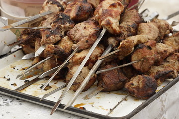 meat on skewers on the grill. Caucasian cuisine. shashlik
