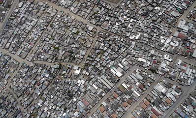shacks in township in south africa, from directly above - obrazy, fototapety, plakaty