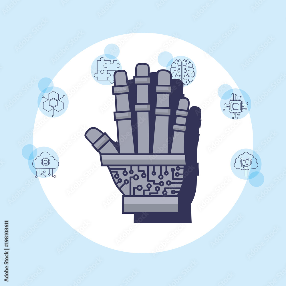 Poster artificial intelligence design with robotic hand and related icons around over white circle and blue