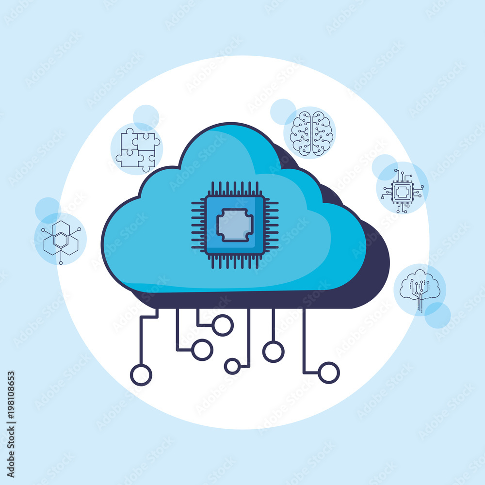 Poster artificial intelligence design with cloud and related icons around over white circle and blue backgr