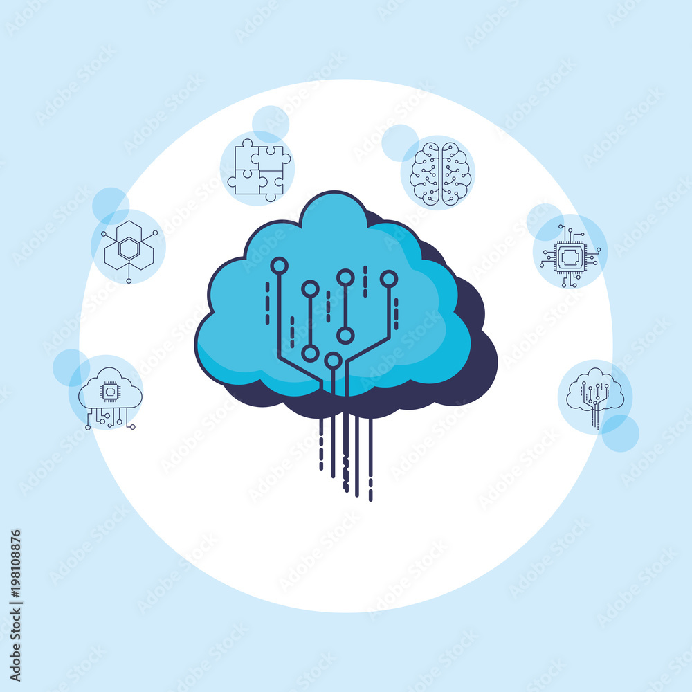 Poster artificial intelligence design with cloud and related icons around over white circle and blue backgr