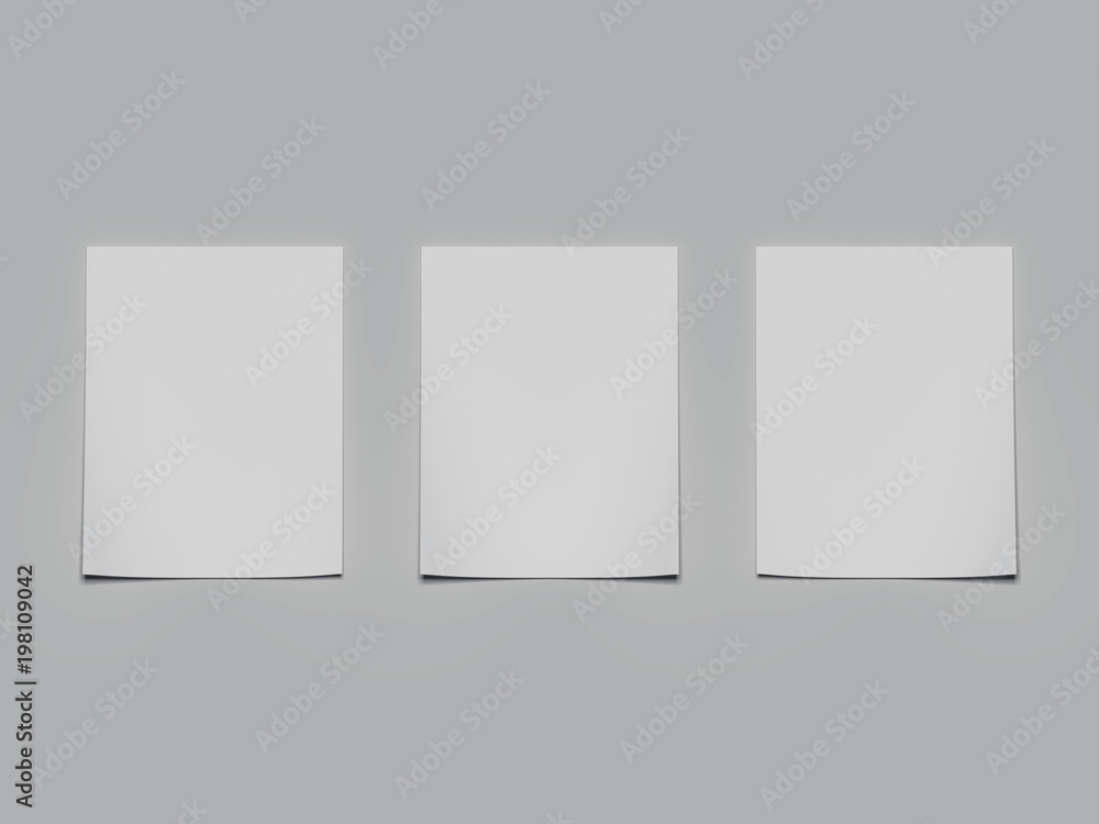 Poster three white paper sheets with shadows. 3d rendering