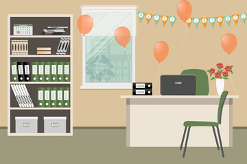 Workplace of an office worker, decorated for his birthday. There is a desk, a cabinet, green chairs, on a window background. There are also orange balloons, flags "Happy Birthday" here. Vector