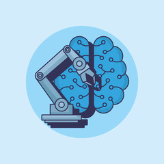 Robotic arm with brain icon over blue background, colorful design vector illustration