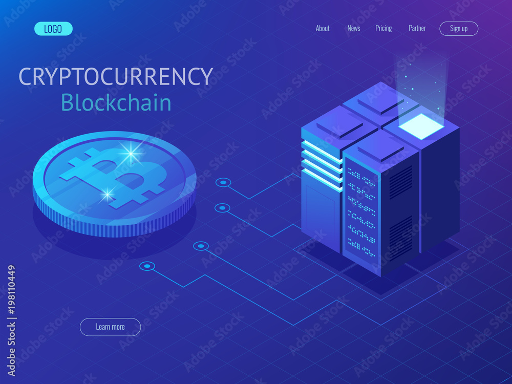 Poster cryptocurrency and blockchain isometric composition. big data processing, energy station of future, 