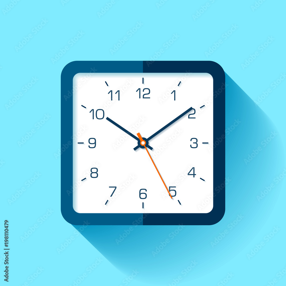 Poster clock icon in flat style with numbers, square timer on blue background. business watch. vector desig
