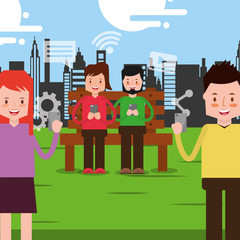 couple sitting on park bench and standing people and looking at smartphone vector illustration