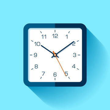 Clock icon in flat style with numbers, square timer on blue background. Business watch. Vector design element for you project