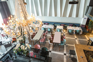 Interior of a new luxury restaurant in the morning